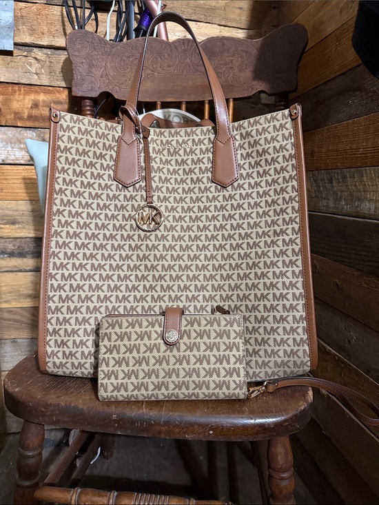 Michael Kors Handbags - Michael Kors Tan/Brown Signature MK Tote with Matching Wallet